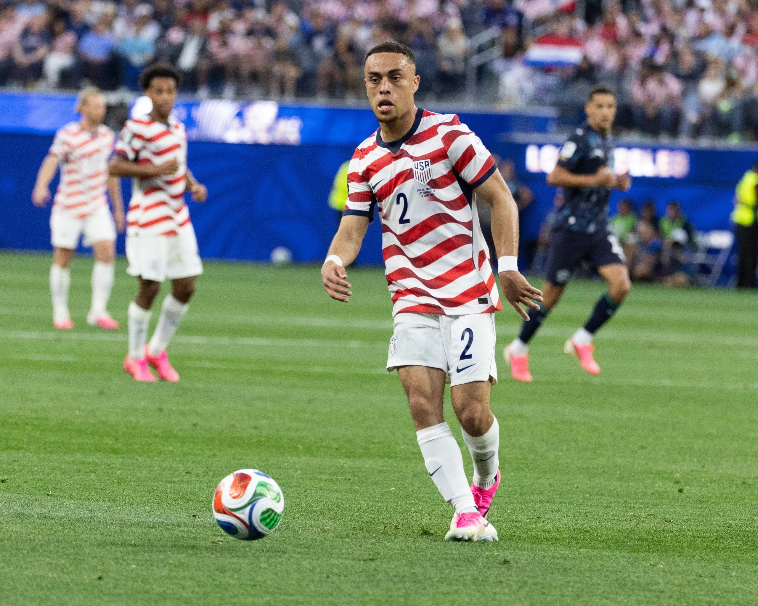 Dest motors forward during the co-hosts’ opening game against Paraguay.