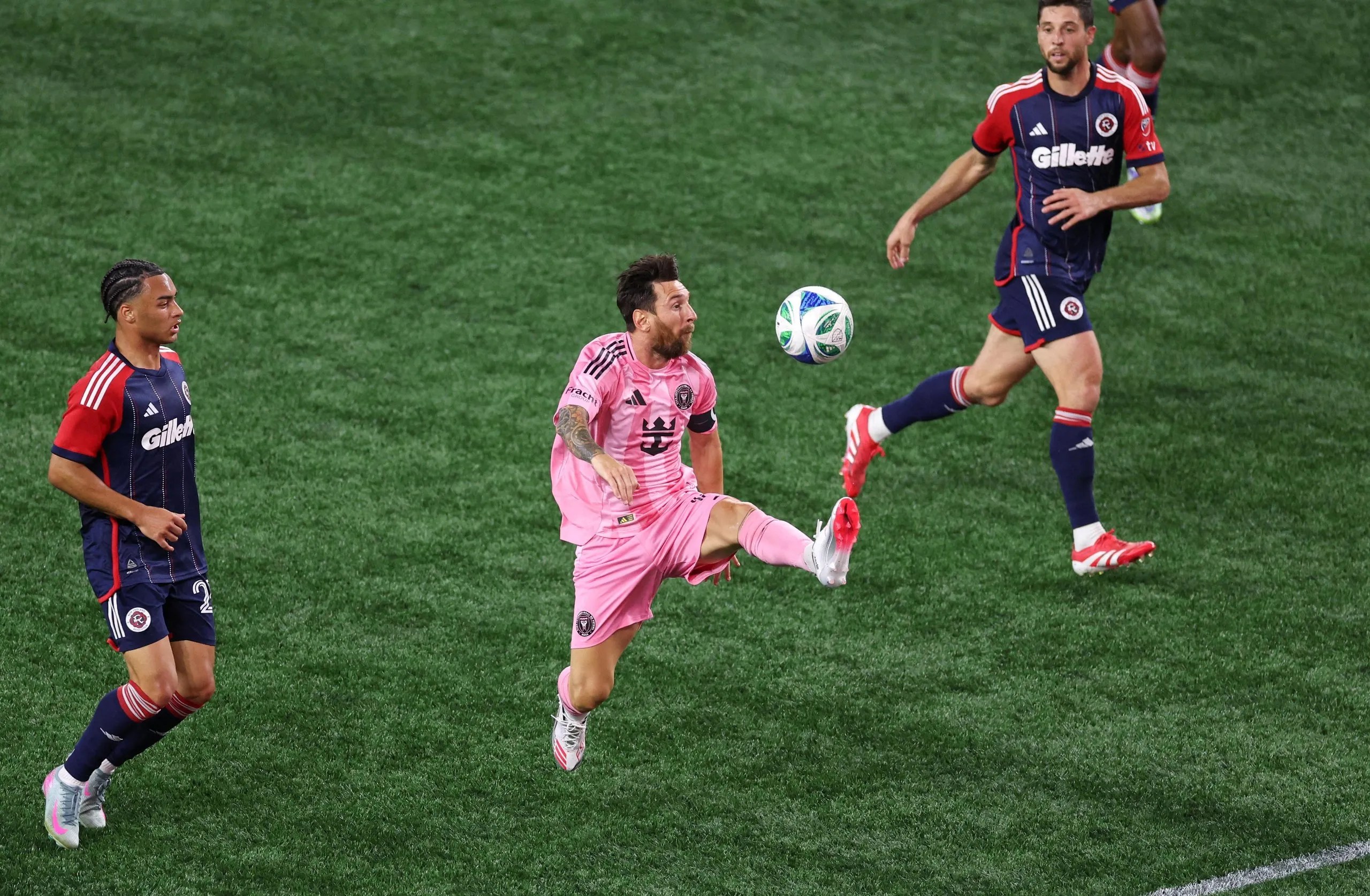 Inter Miami’s Lionel Messi acrobatically controls the ball during the second half against the New England Revolution.