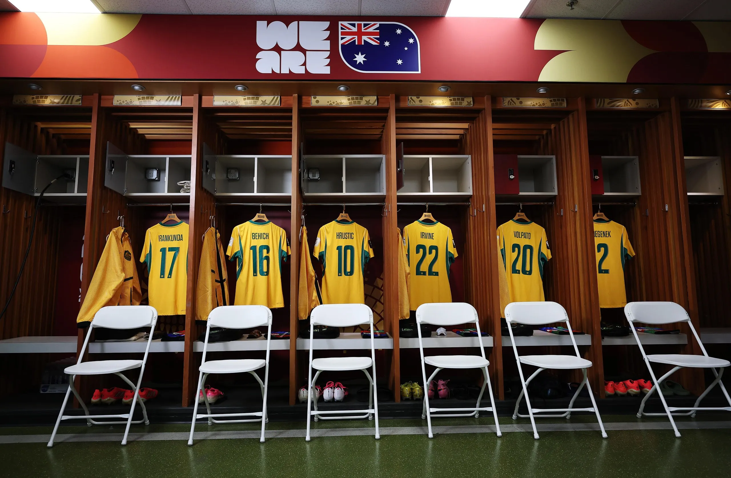 The shirts worn by Australia players are hung in the dressing room prior to the FIFA World Cup 2026 Group D match between Australia and Türkiye